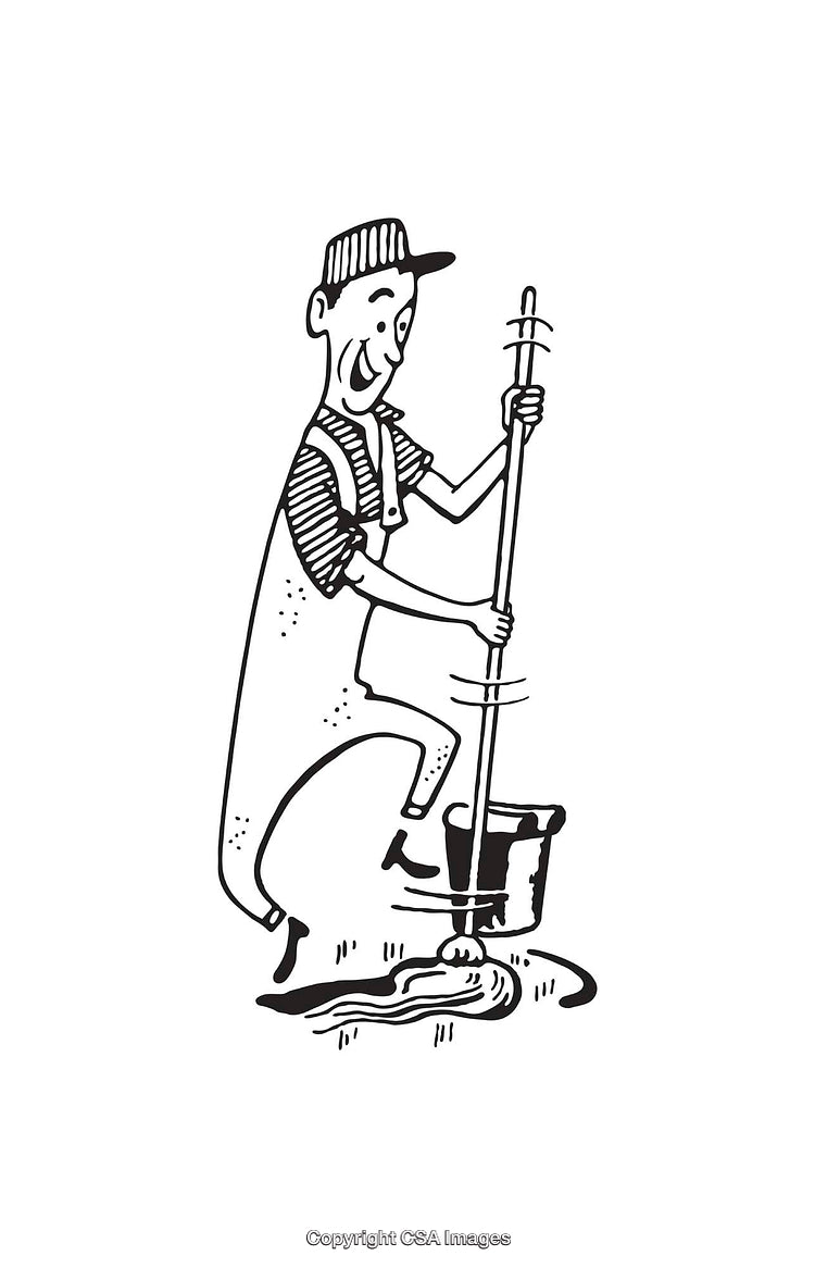 Illustration of Worker Mopping Floor in Black and White Line Art