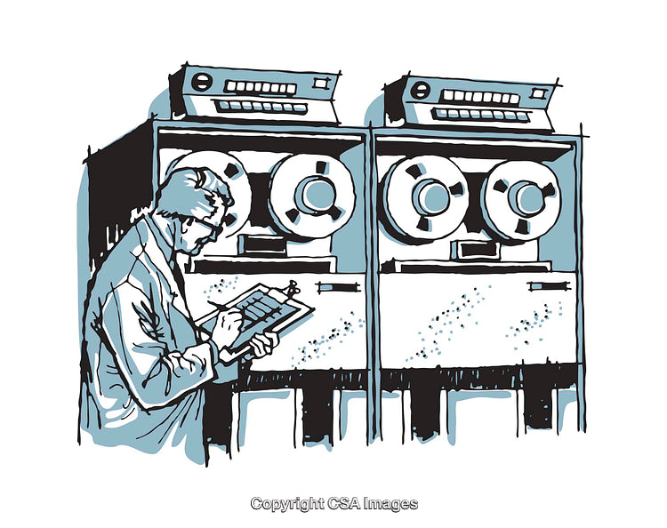 Vintage Illustration of Computer Setup with Tape Drives and Operator