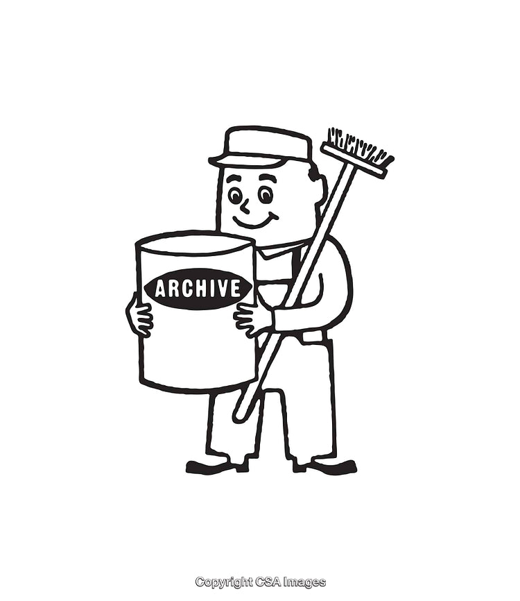 Retro Black and White Illustration of a Worker Holding an Archive Box