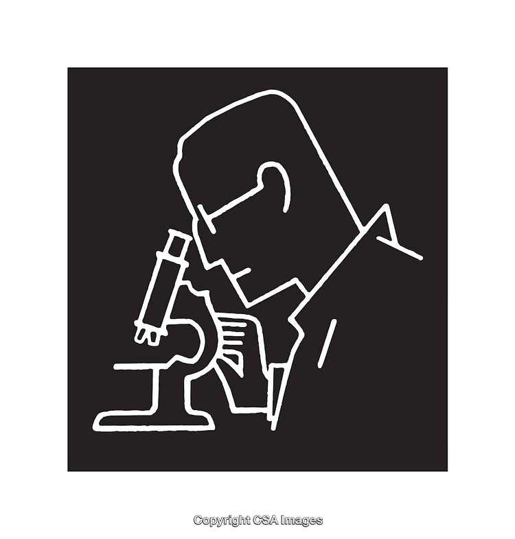 Black and White Line Art Depicting Scientist Using Microscope
