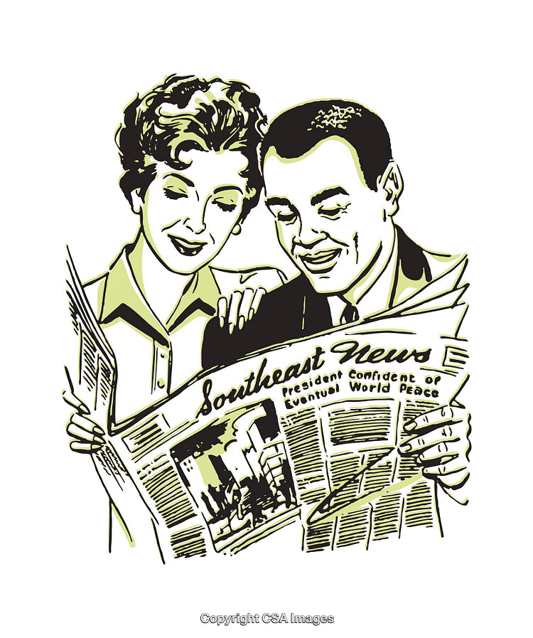 Retro Illustration of a Couple Reading the Newspaper Together