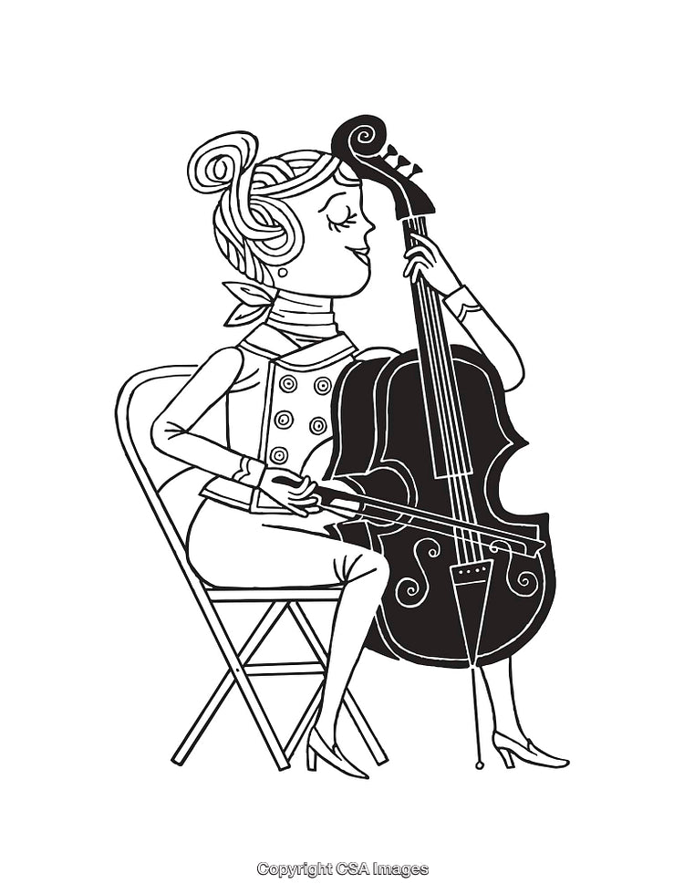 Line Art Illustration of Woman Playing a Cello in Seated Position