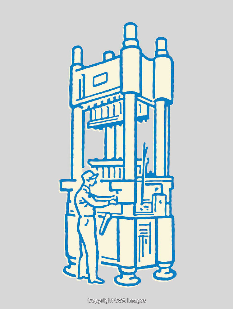 Vintage Industrial Machine with Operator in Line Art Illustration Style
