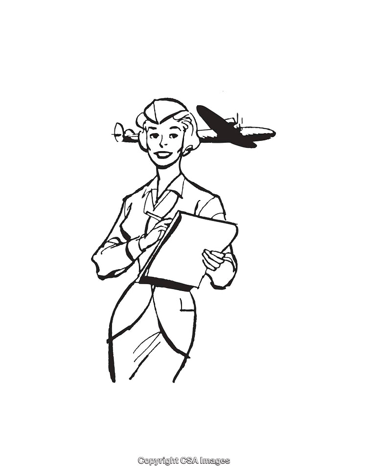 Vintage Female Aviator Illustration with Airplane in Line Art Style