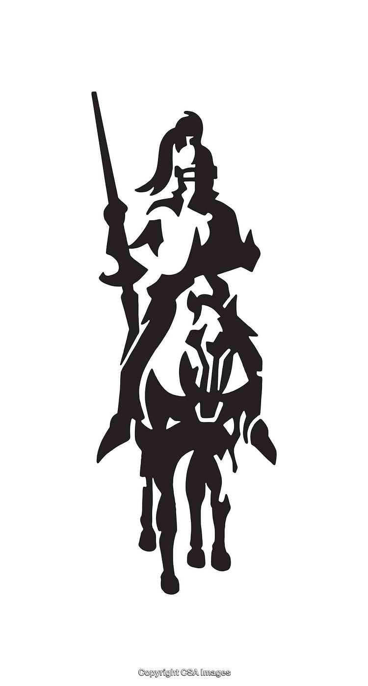 Black and White Silhouette of a Knight on Horseback with a Lance
