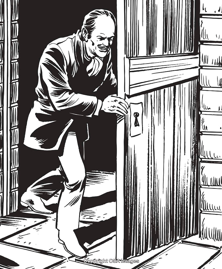 Black and White Illustration of a Person Entering Through a Wooden Door