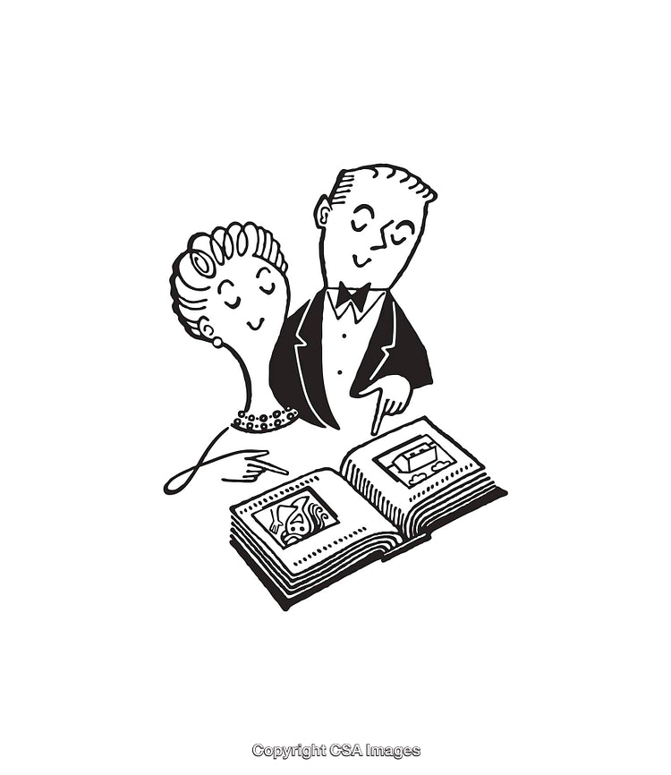 Couple Enjoying a Photo Album in Black and White Line Art