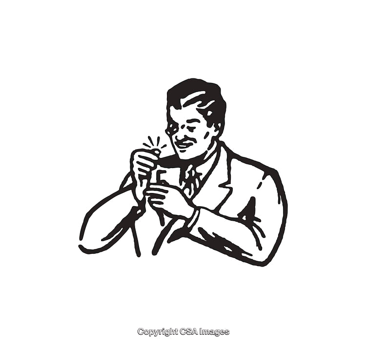 Retro Black and White Illustration of a Happy Businessman at Work