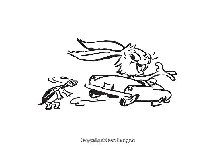 Black and White Illustration of a Hare and Tortoise Race Scene