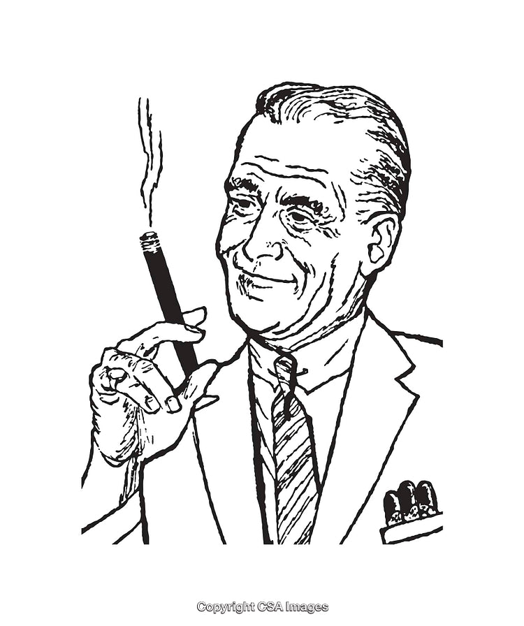 Vintage Line Art of Smiling Man Smoking a Cigar