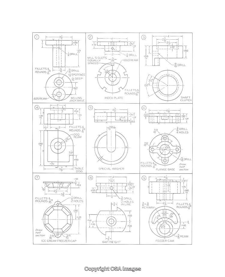 Detailed Technical Diagram Set Featuring Engineering Parts and Components