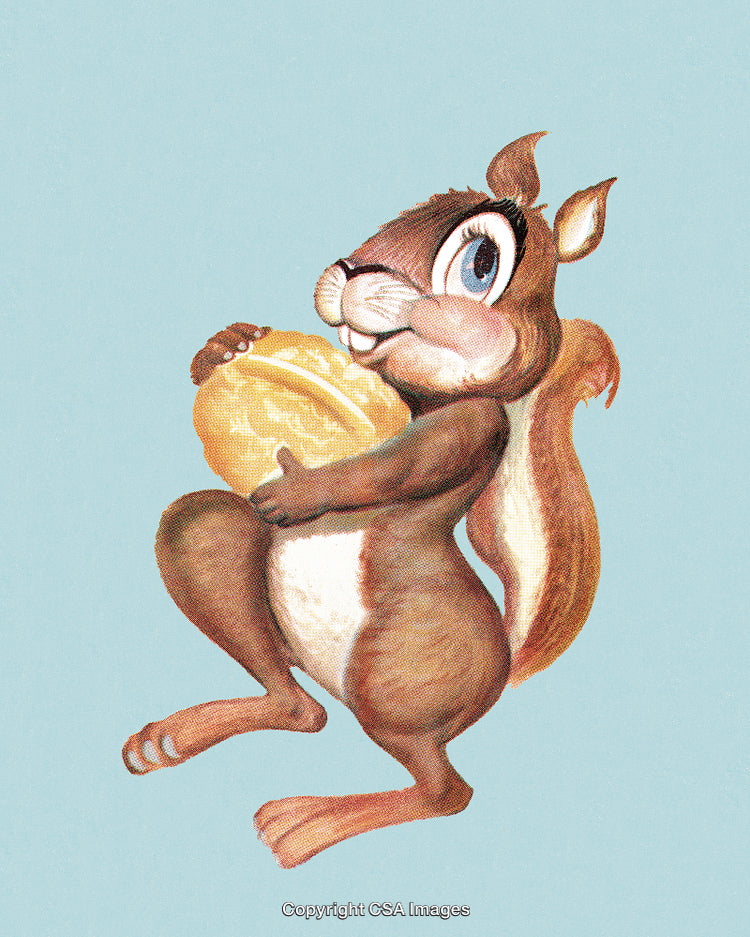 Cartoon Squirrel Holding a Nut Against a Light Blue Background
