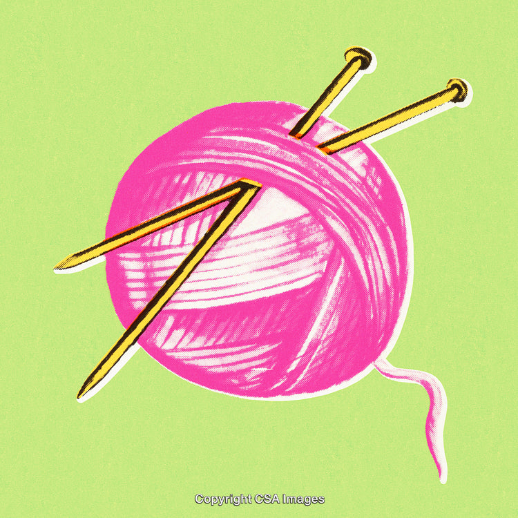 Bright Pink Yarn Ball with Knitting Needles on Light Green Background