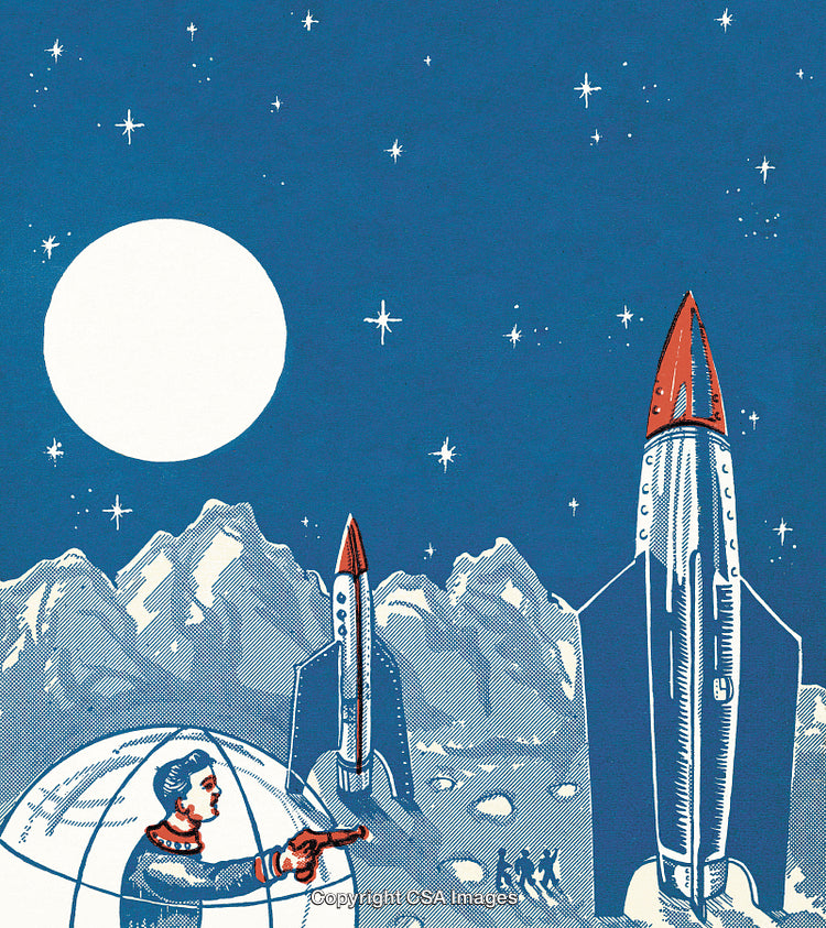 Space Exploration Scene with Rockets and Astronaut on Lunar Surface