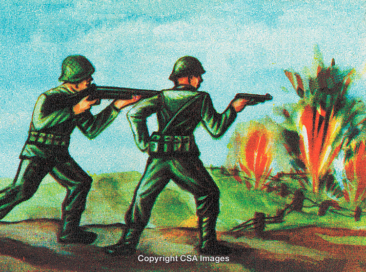 Vintage Styled Illustration of Soldiers In Battle With Explosions