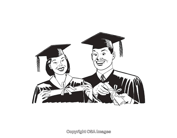 Black and White Illustration of Graduates Celebrating With Diplomas