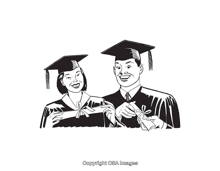 Black and White Illustration of Graduates Celebrating With Diplomas