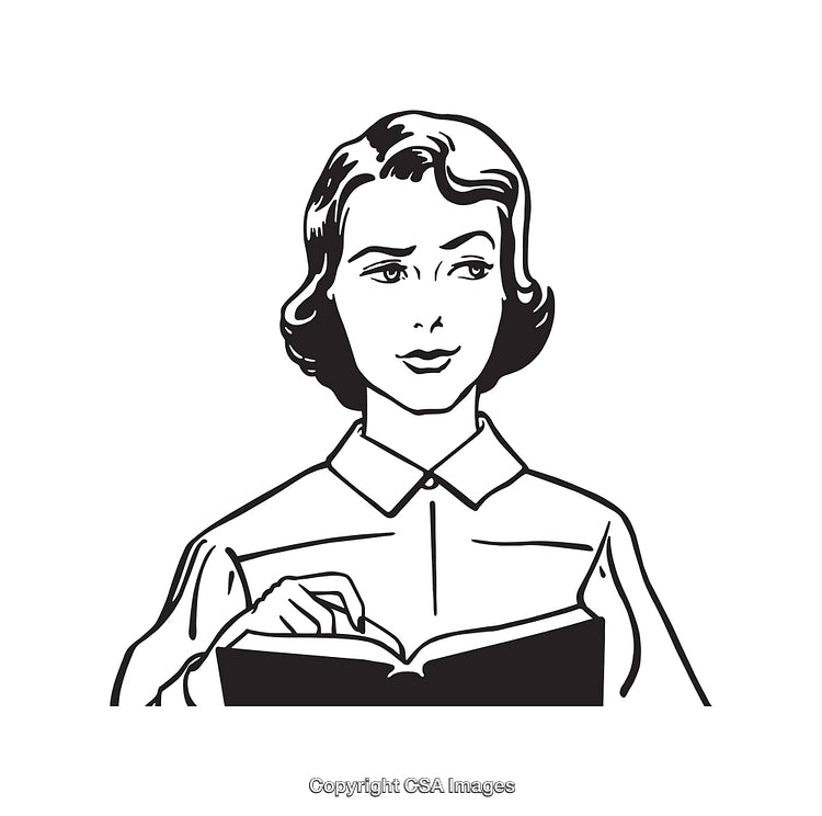 Retro Black and White Drawing of Woman Holding Open Book