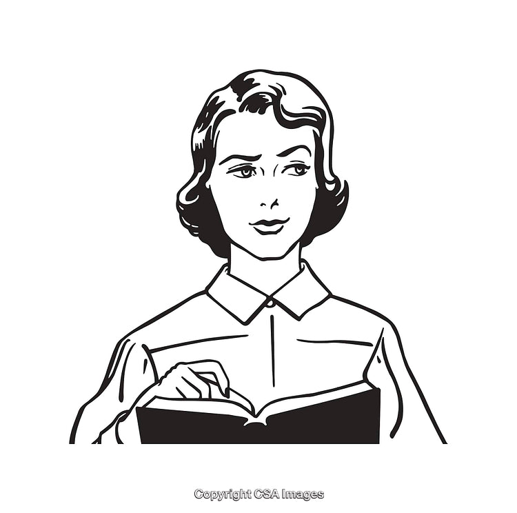 Retro Black and White Drawing of Woman Holding Open Book