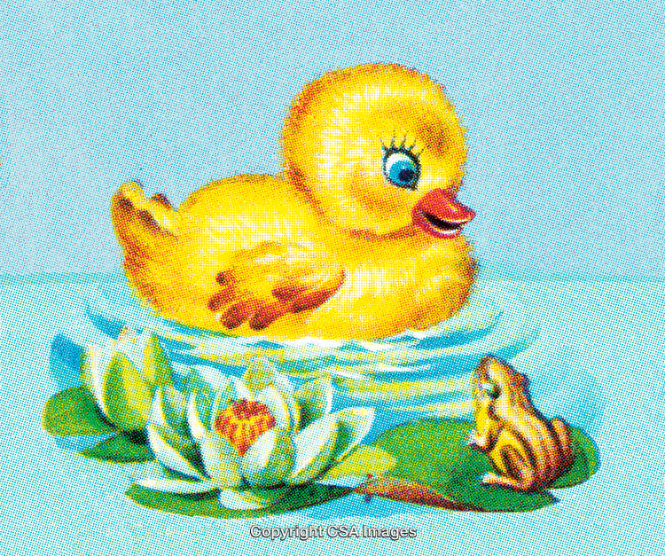 Adorable Yellow Duckling Swimming Near Green Frog with Water Lilies