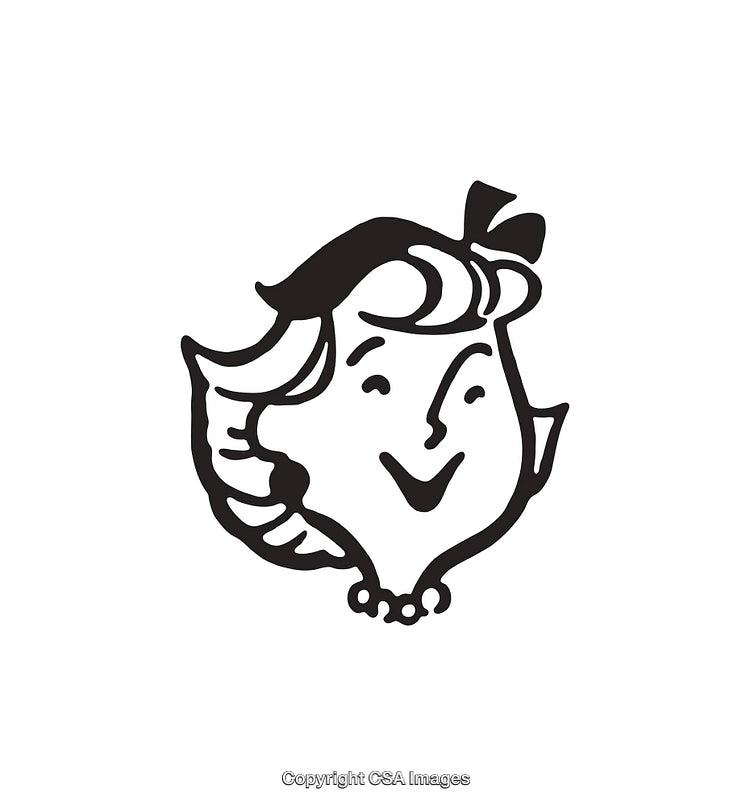 Vintage Black and White Illustration of Smiling Woman with Bow in Hair