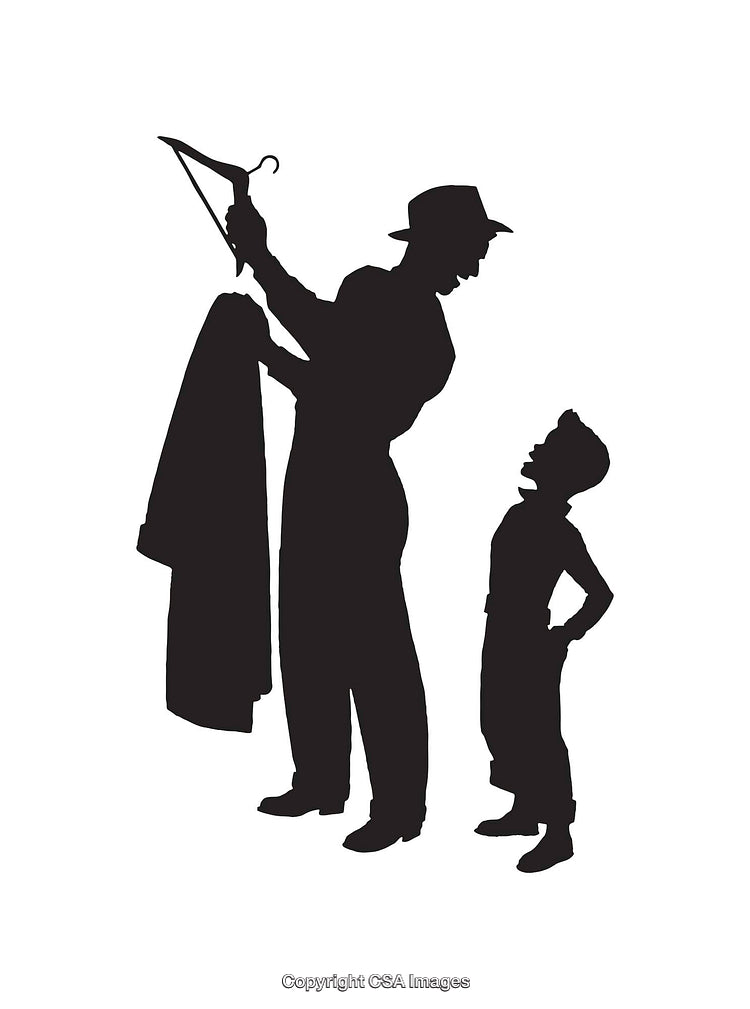 Silhouette of a Man and Boy Interacting with a Coat and Hanger