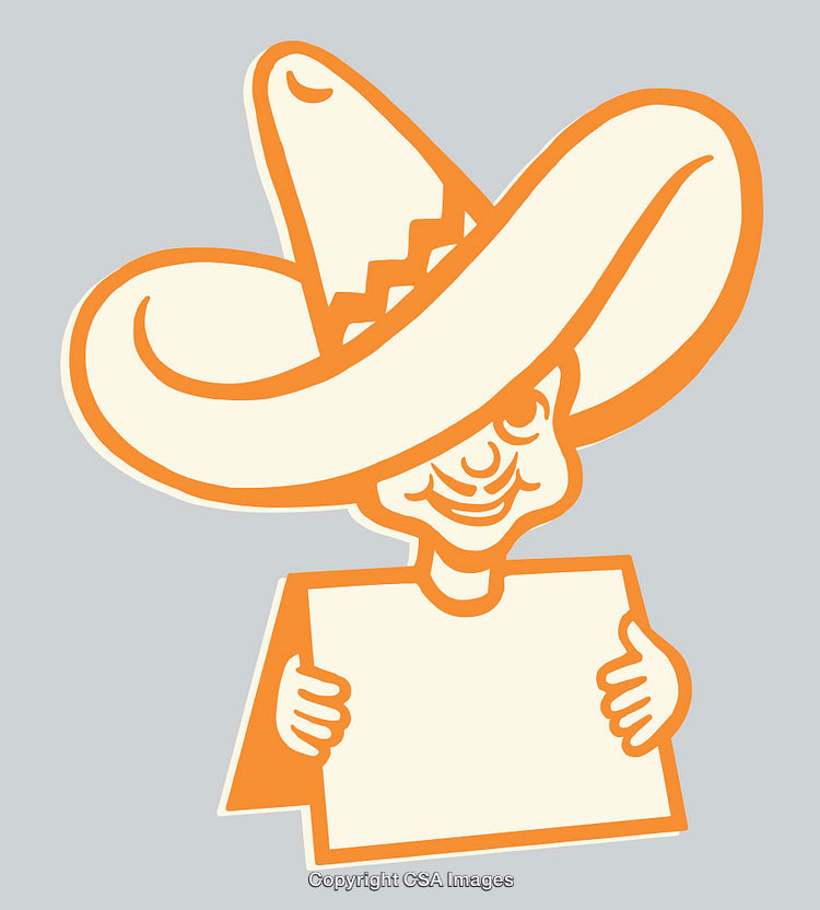 Smiling Figure in a Sombrero Holding a Blank Sign Illustration