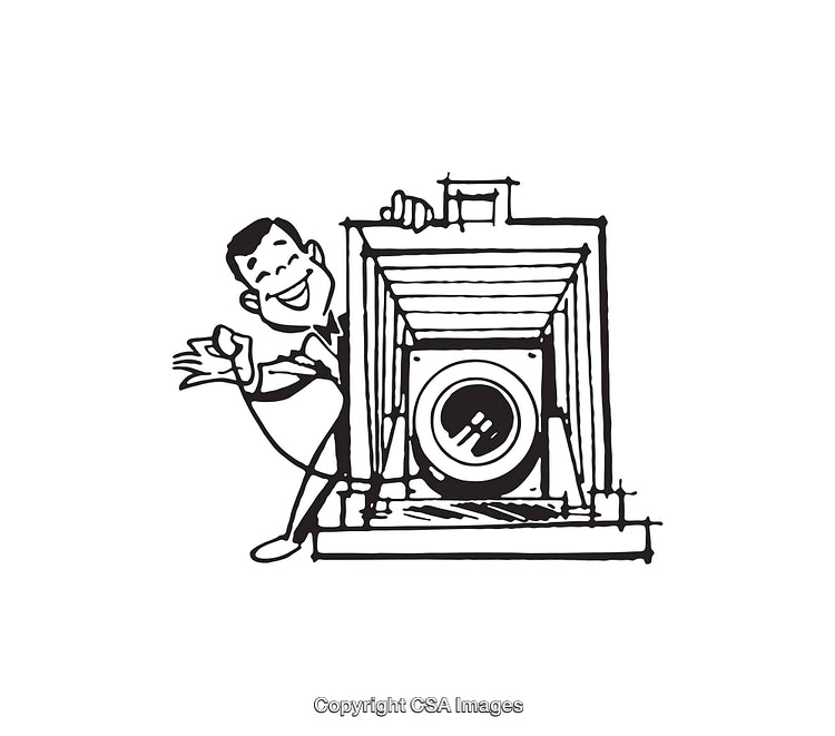 Vintage Line Art of a Cheerful Photographer with Large Format Camera