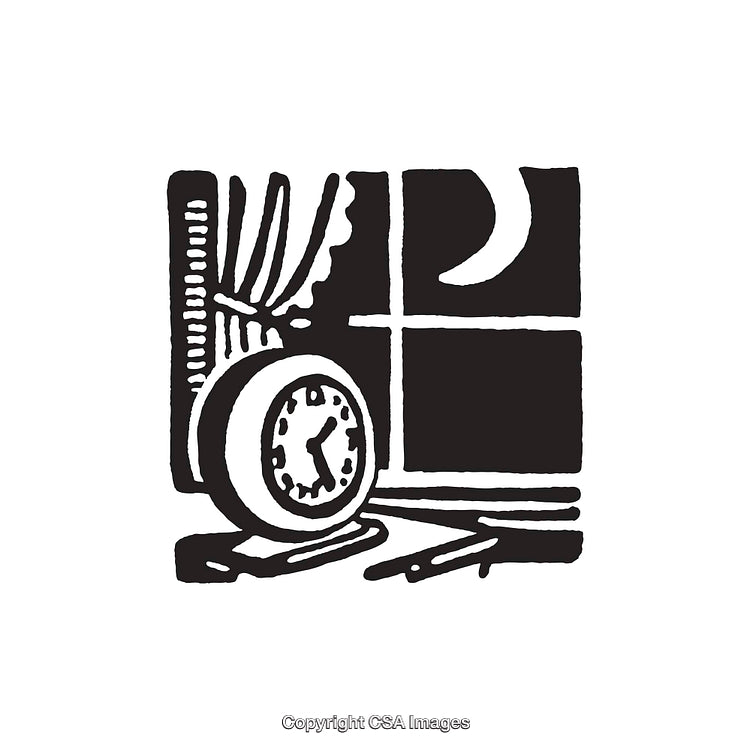 Retro Style Black And White Illustration of a Nighttime Clock Scene