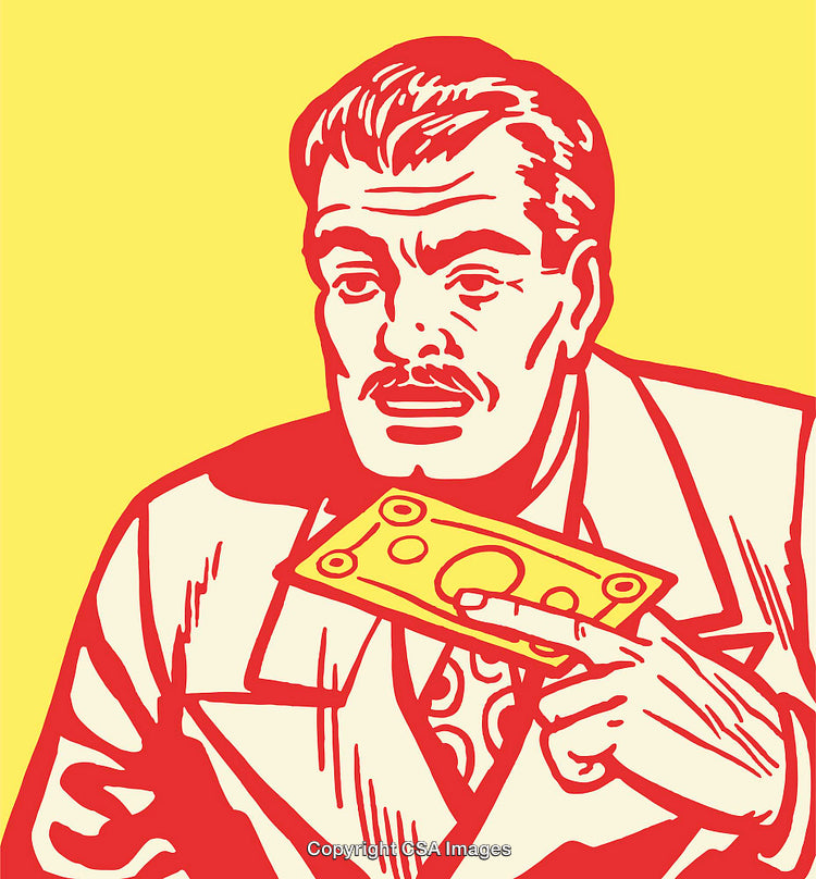 Retro Styled Illustration of Man Holding a Dollar Bill in Line Art