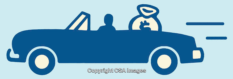 Stylized Illustration of a Person Driving a Car with a Money Bag