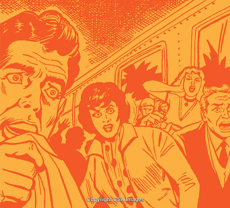 Illustrated Scene of a Panicked Group in a Surreal Setting