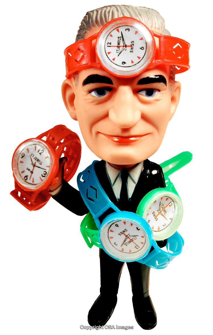 Colorful Toy Figure with Watches Representing Business and Time Concepts