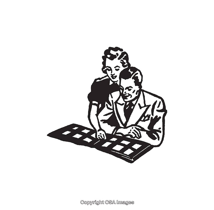 Vintage Black and White Illustration of a Couple Reviewing Photographic Prints
