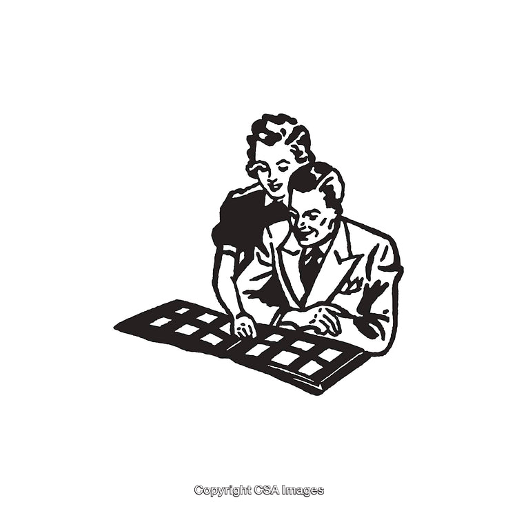 Vintage Black and White Illustration of a Couple Reviewing Photographic Prints