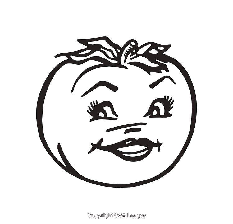 Cartoon Tomato with a Cheerful Face in Black and White Line Art