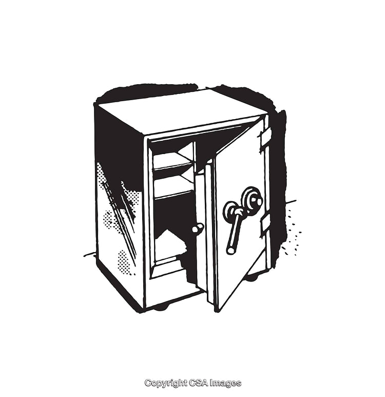 Black and White Line Art of an Open Safe Illustration