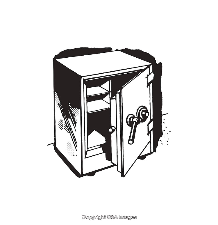 Black and White Line Art of an Open Safe Illustration