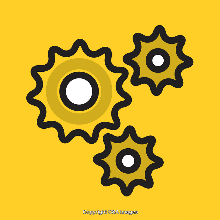 Illustration of Yellow Rotating Gears Symbolizing Teamwork and Industrial Processes