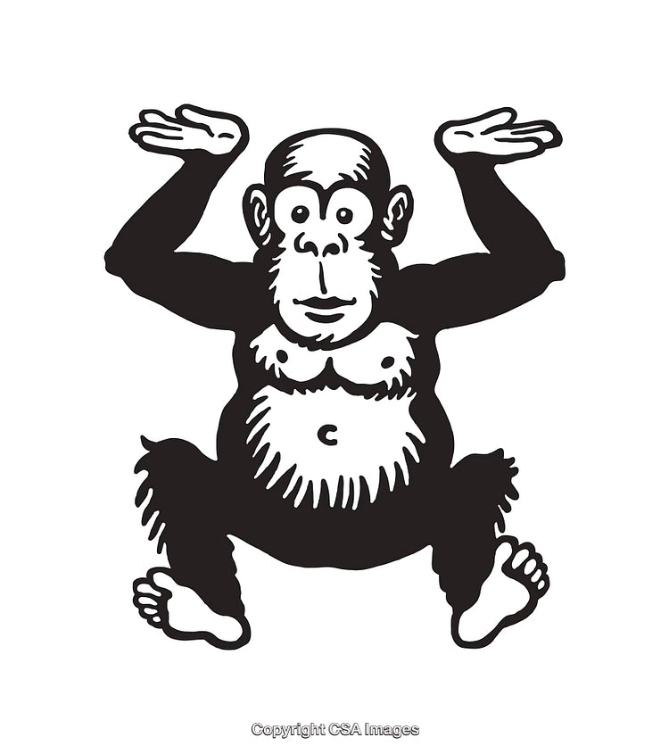 Whimsical Black and White Monkey Illustration with Raised Hands