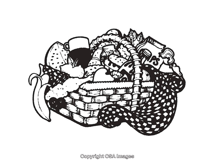 Illustration of a Picnic Basket With Food Items in Black and White Line Art