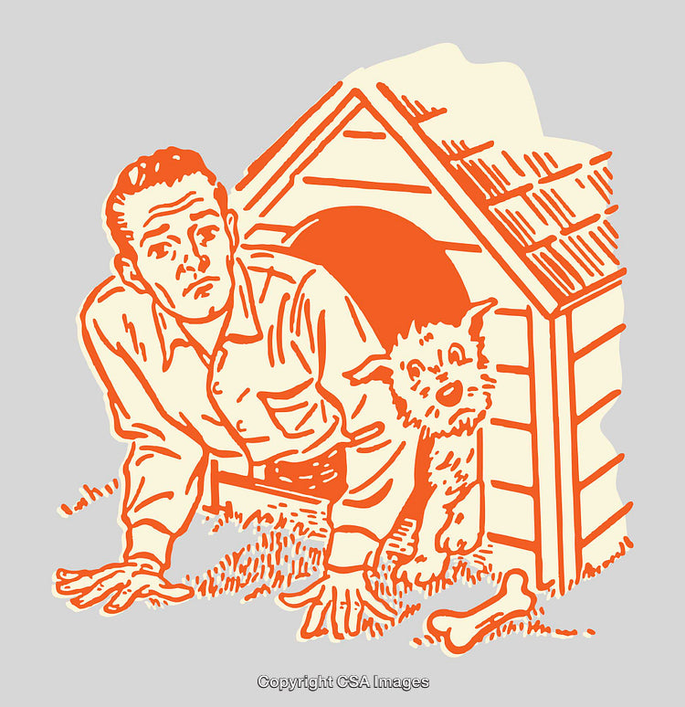 Humorous Illustration of a Man and Dog in a Doghouse Together