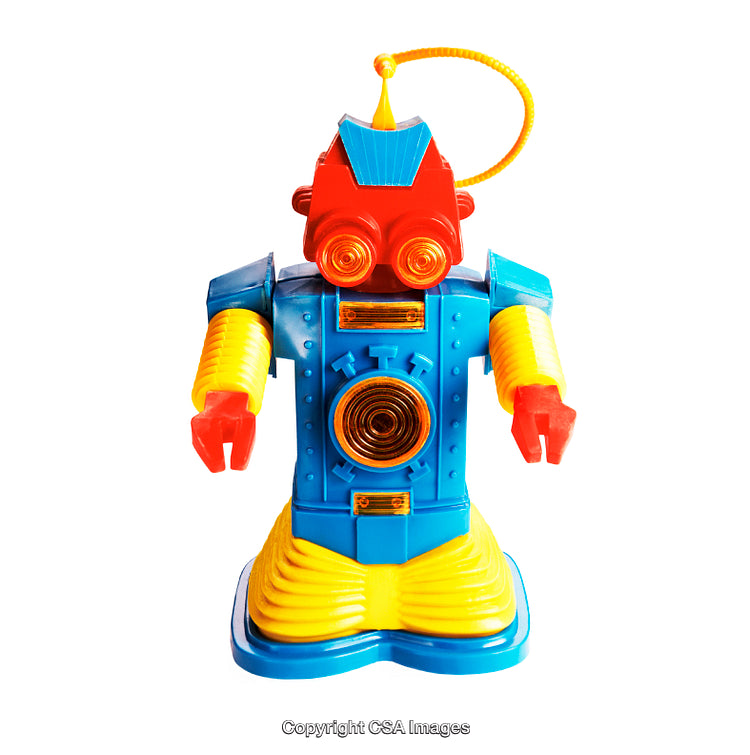Colorful Retro Plastic Robot Toy Isolated on White Background