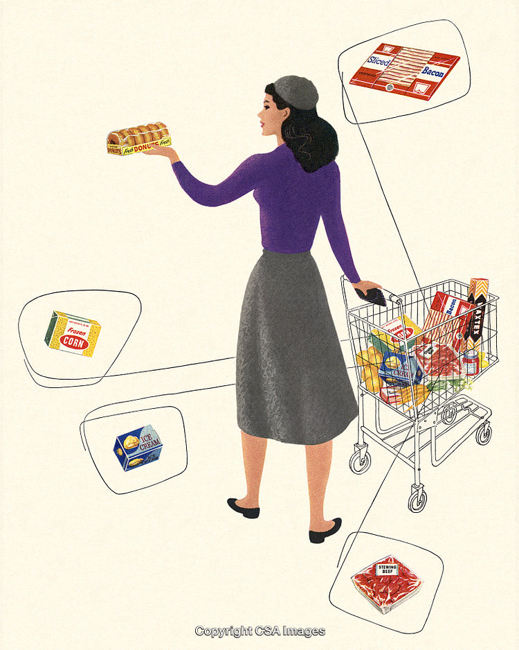 Woman Shopping for Groceries in Vintage Illustration Artwork