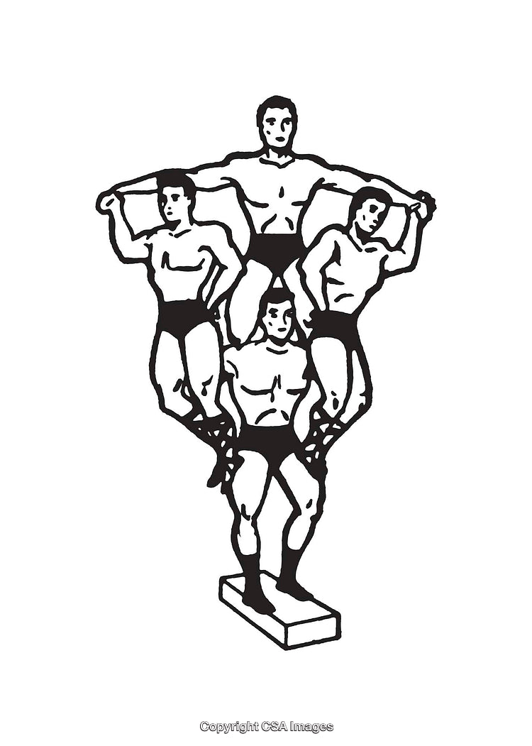 Men Forming a Human Pyramid in Black and White Line Art