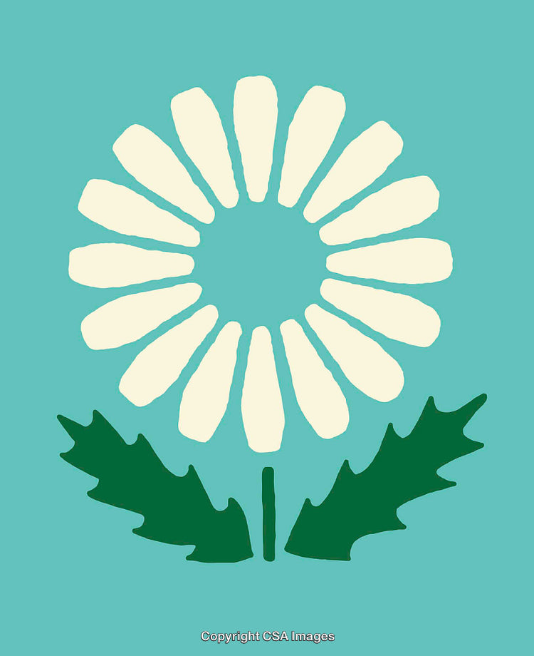 Stylized Flower Illustration with Green Leaves on Turquoise Background
