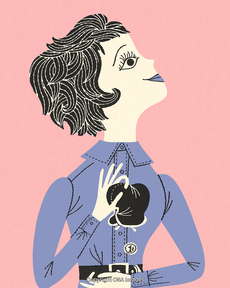 Stylized Illustration of a Woman in Profile Holding a Small Object