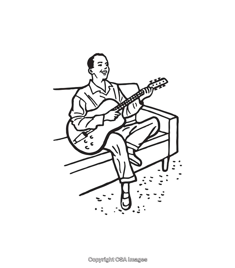 Black and White Illustration of a Person Playing a Guitar on a Couch
