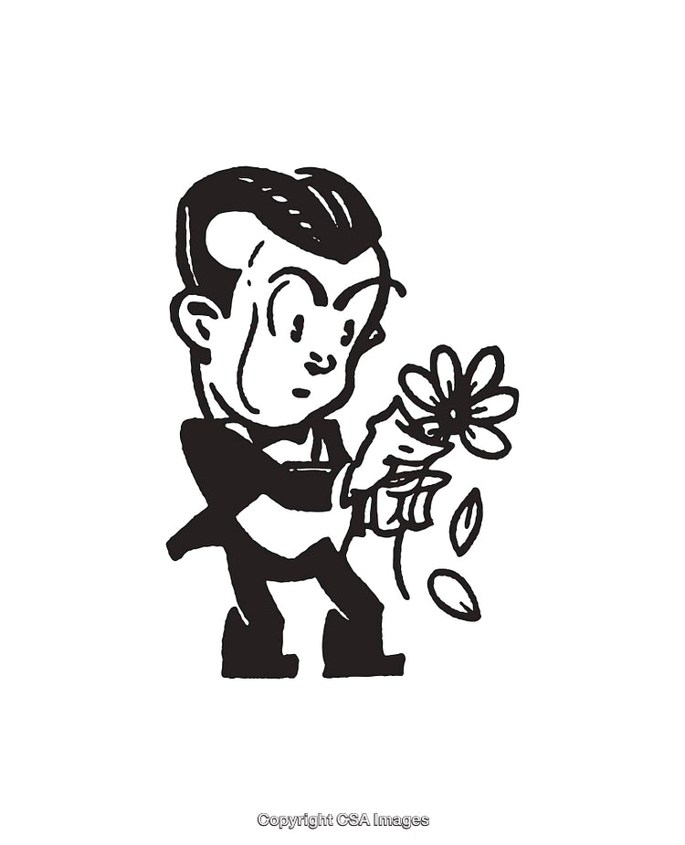 Black and White Line Art of Person Picking Petals from a Flower