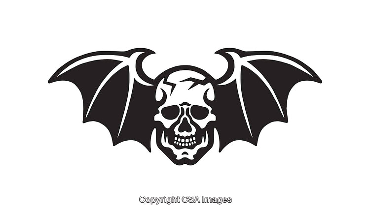 Black and White Illustration of Skull with Bat Wings